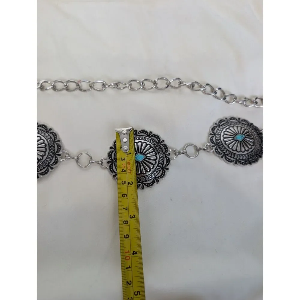 Y2K Boho Layered Silver Turquoise Medallion Detail Chain Belt OS Fits Most
